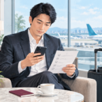 空港で安全情報と出張準備を確認するビジネス渡航者のイメージイラスト