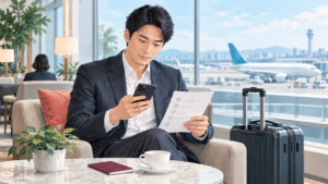 空港で安全情報と出張準備を確認するビジネス渡航者のイメージイラスト