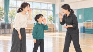 親子が指導者と助けを求める声を練習するイメージイラスト